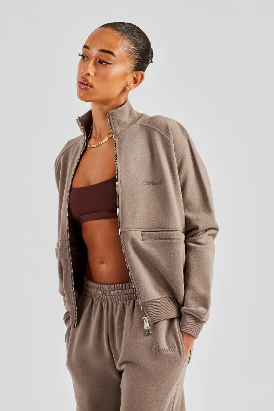 Fresh And Capable Funnel Neck Zip Through Sweat - Taupe