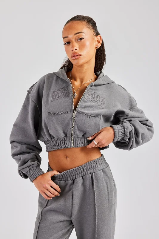 Energy Wear Cropped Exposed Seam  Zip Through Hoodie - Charcoal