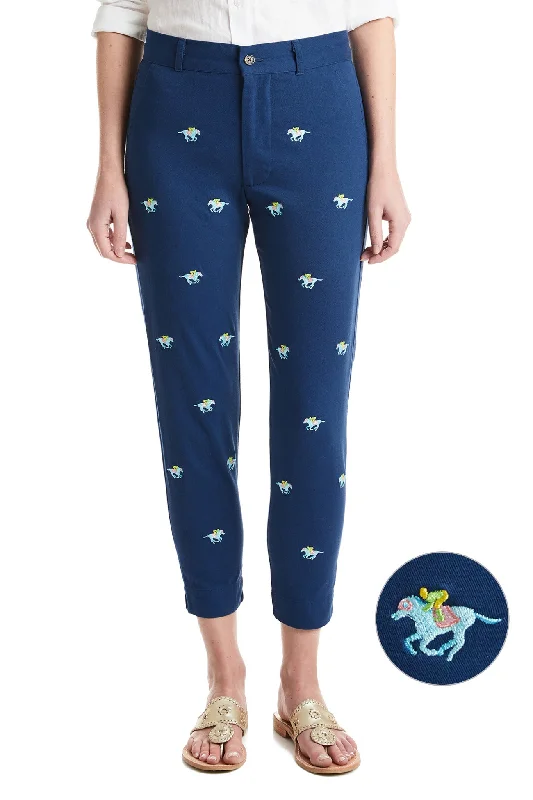 Casual Street Ladies Ankle Capri Stretch Twill Nantucket Navy with Pastel Racing Horses