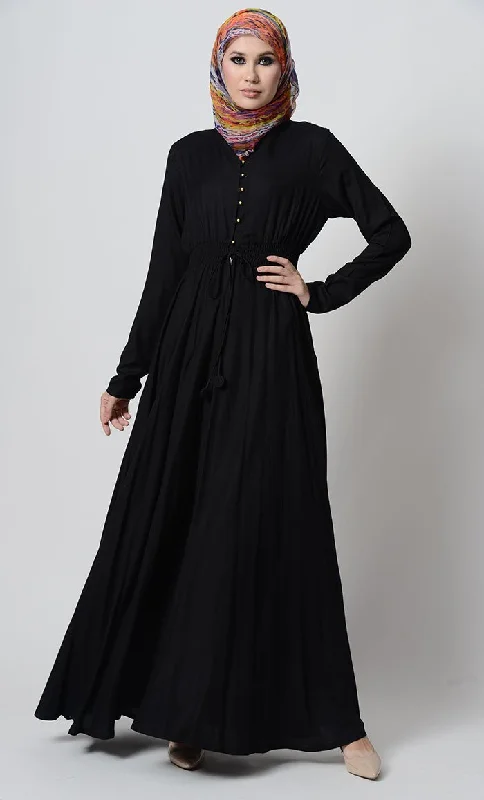 Fashion Concept Smocking waistline and loop buttons detail casual abaya dress