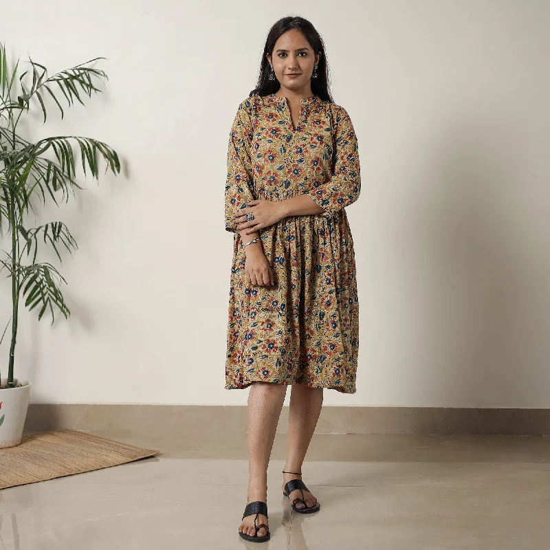 Fashionable Items Yellow - Pedana Kalamkari Block Printed Cotton Flared Dress 01