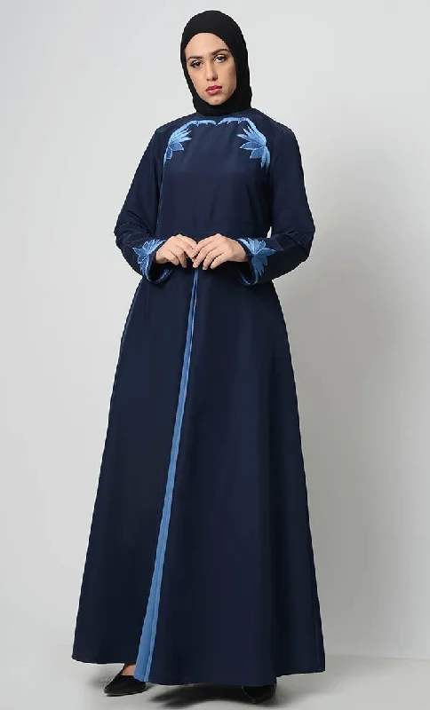 French Style Contrast Embroidered Grace Abaya-Navy