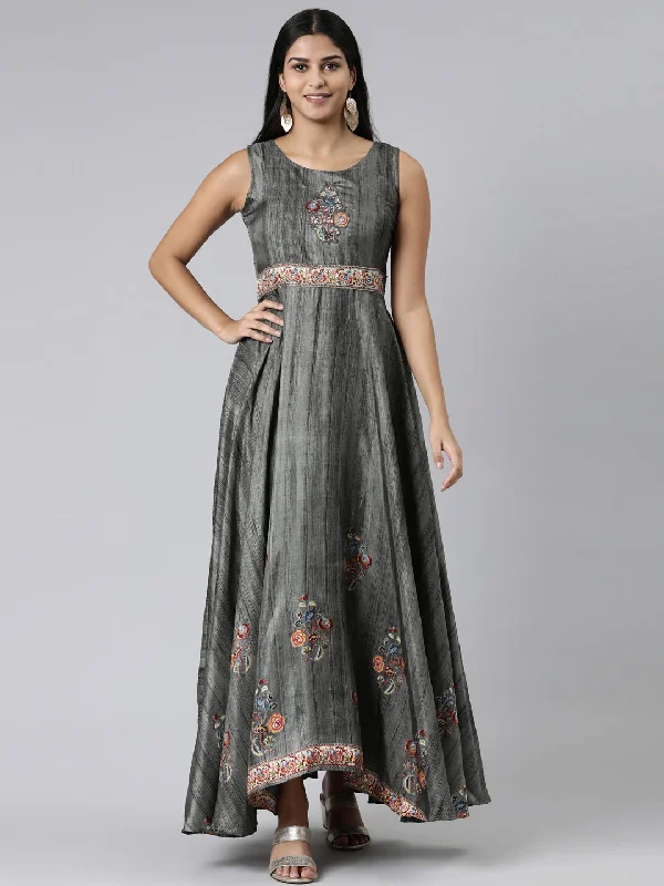 Modern Tailoring Neeru's Olive Curved Casual Embroidered Maxi Dress