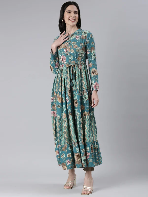 European And American Style Neeru's Green Maxi Casual Printed Dresses