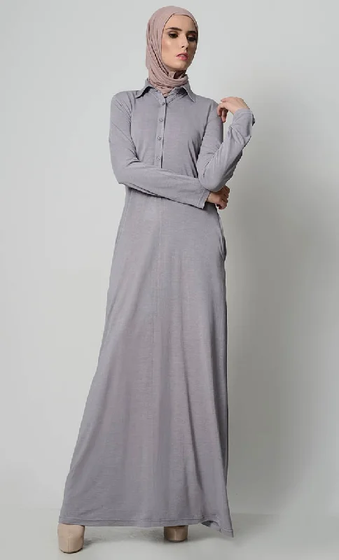 Bottom And Versatile Simple  Collar Shirt Style Abaya -Grey