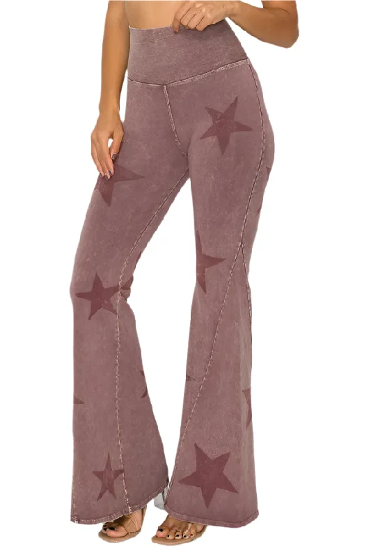 Cute Design T-Party Mineral Wash Star Print Fold Over Waist Flare Pants CJ75491 Dark Rose