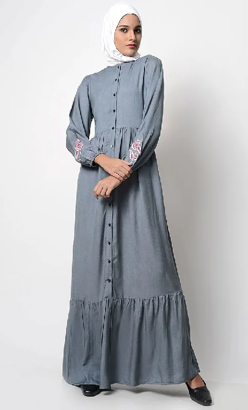 Comfortable Fashion Bright Floral Embroidered Front Open Abaya-Gray