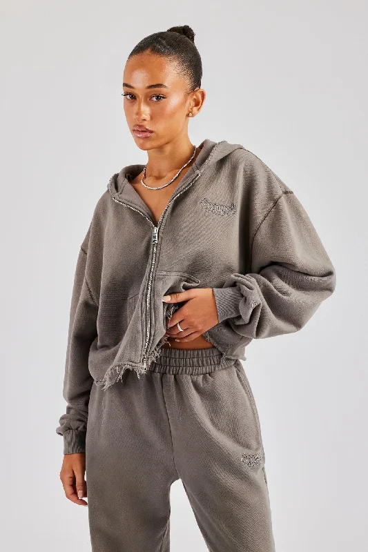 Quality Tailoring Washed Boxy Fit Zip Through Hoodie - Grey