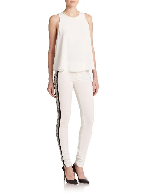 Retro Style Raine Printed Tuxedo-Stripe Snake Print Skinny Jeans In White
